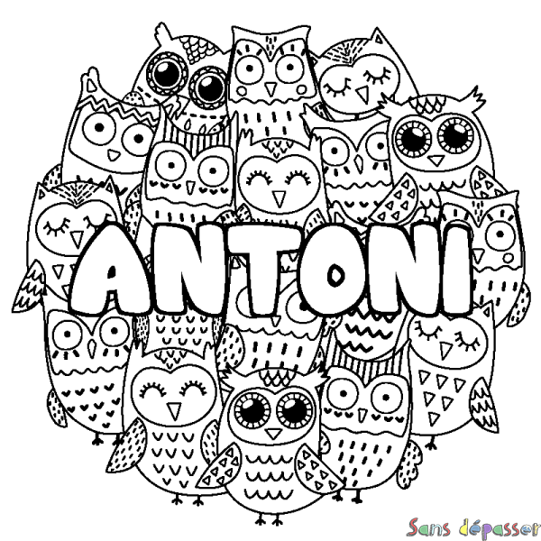 Coloriage pr&eacute;nom ANTONI - d&eacute;cor Chouettes