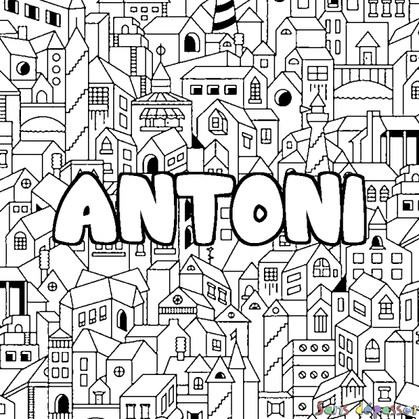 Coloriage pr&eacute;nom ANTONI - d&eacute;cor Ville