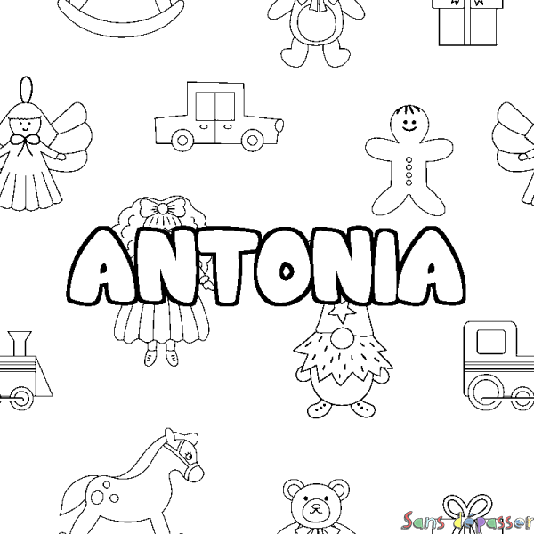 Coloriage pr&eacute;nom ANTONIA - d&eacute;cor Jouets