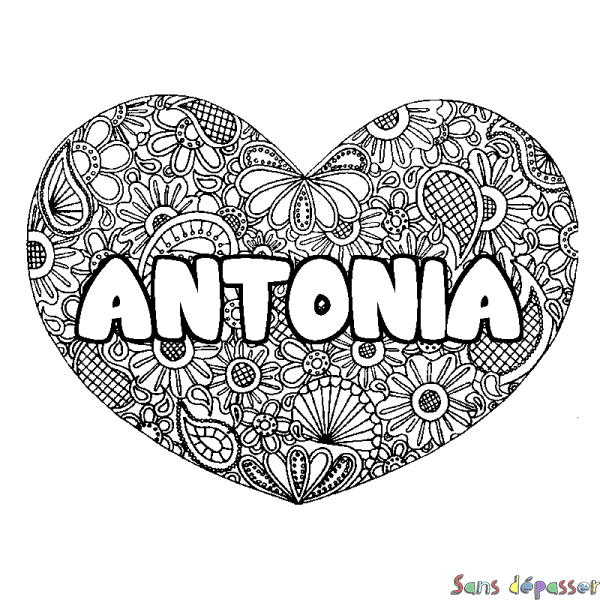 Coloriage prénom ANTONIA - d&eacute;cor Mandala coeur
