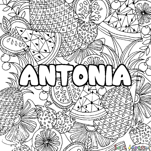 Coloriage prénom ANTONIA - d&eacute;cor Mandala fruits