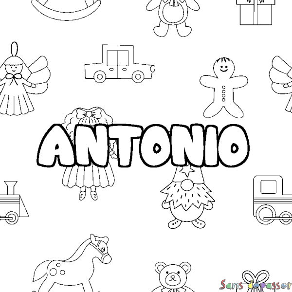 Coloriage pr&eacute;nom ANTONIO - d&eacute;cor Jouets