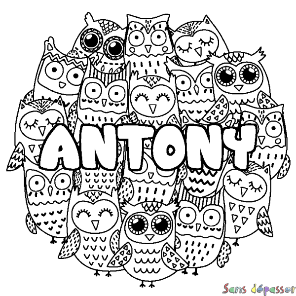 Coloriage pr&eacute;nom ANTONY - d&eacute;cor Chouettes