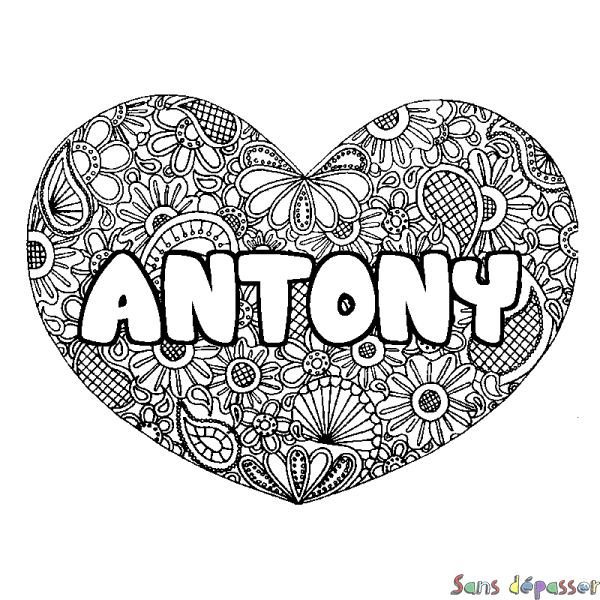 Coloriage pr&eacute;nom ANTONY - d&eacute;cor Mandala coeur