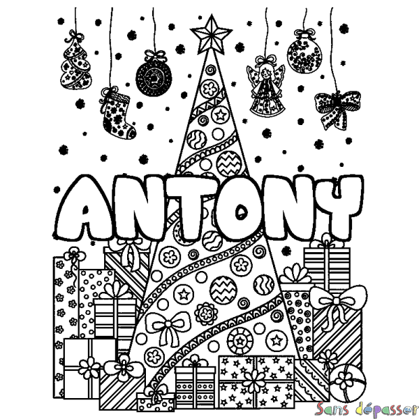 Coloriage pr&eacute;nom ANTONY - d&eacute;cor Sapin et Cadeaux