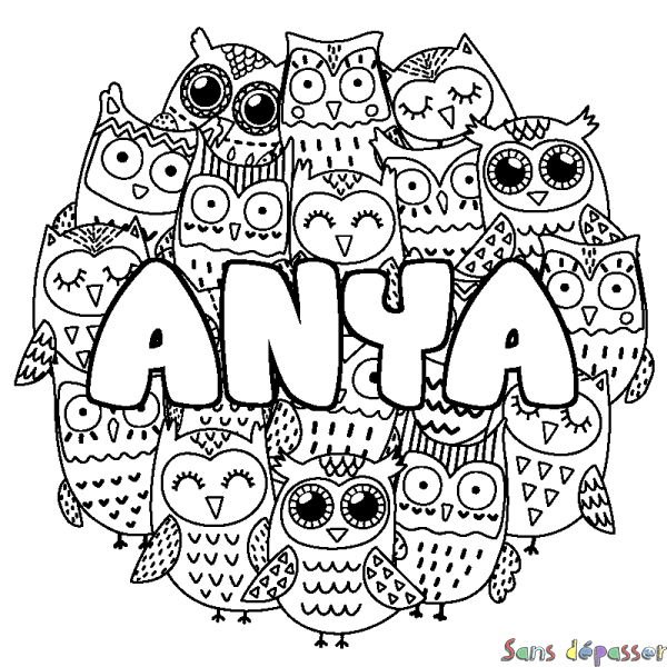 Coloriage pr&eacute;nom ANYA - d&eacute;cor Chouettes