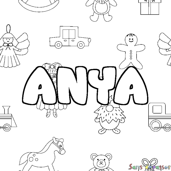 Coloriage pr&eacute;nom ANYA - d&eacute;cor Jouets
