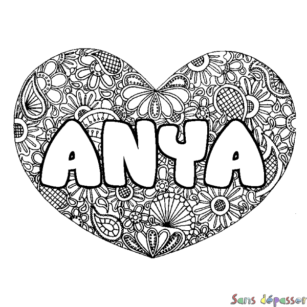 Coloriage pr&eacute;nom ANYA - d&eacute;cor Mandala coeur