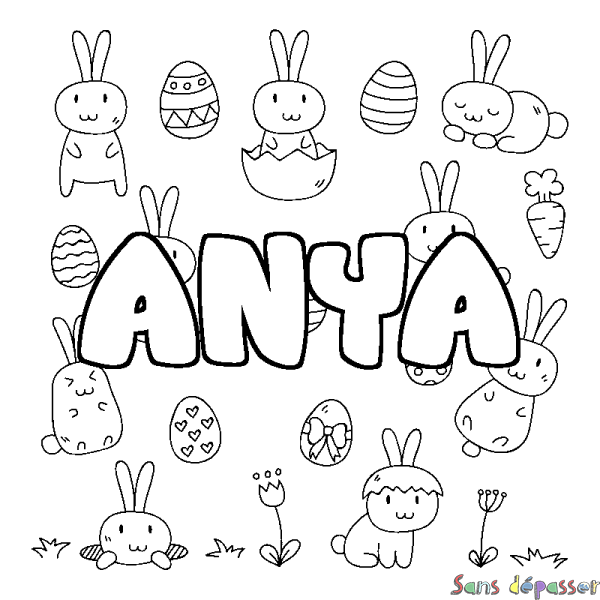 Coloriage pr&eacute;nom ANYA - d&eacute;cor Paques