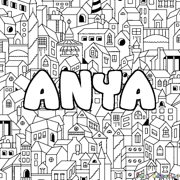Coloriage pr&eacute;nom ANYA - d&eacute;cor Ville