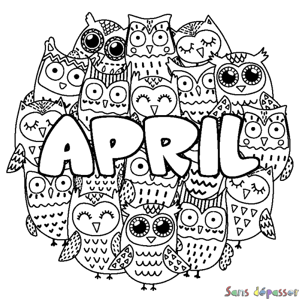 Coloriage pr&eacute;nom APRIL - d&eacute;cor Chouettes