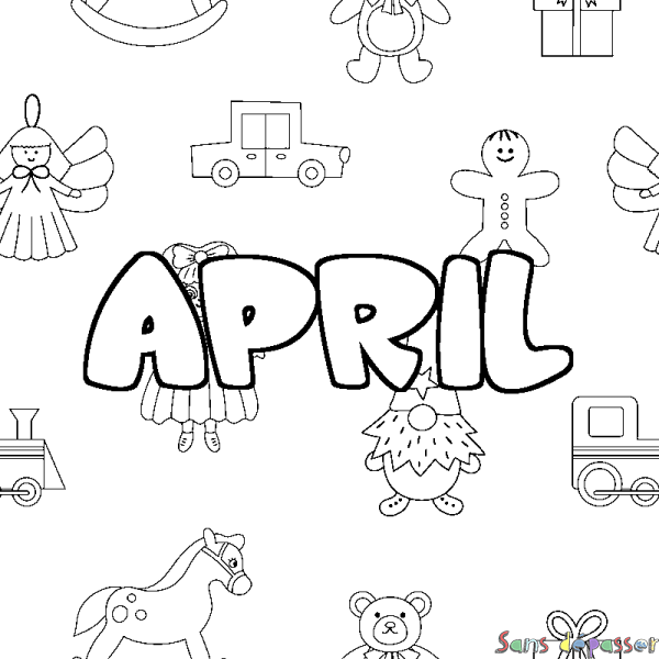 Coloriage pr&eacute;nom APRIL - d&eacute;cor Jouets