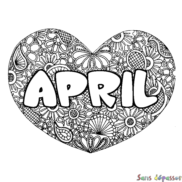 Coloriage pr&eacute;nom APRIL - d&eacute;cor Mandala coeur