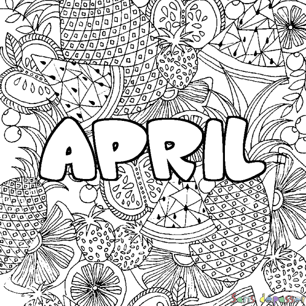 Coloriage pr&eacute;nom APRIL - d&eacute;cor Mandala fruits
