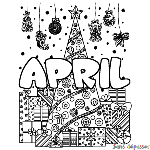 Coloriage pr&eacute;nom APRIL - d&eacute;cor Sapin et Cadeaux