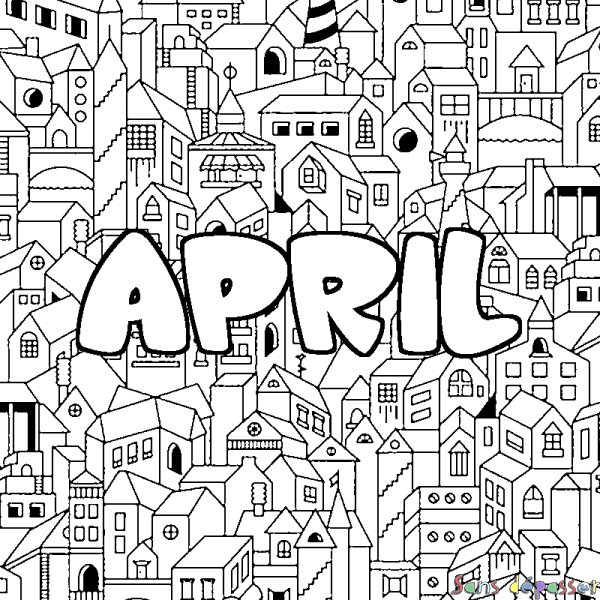 Coloriage pr&eacute;nom APRIL - d&eacute;cor Ville