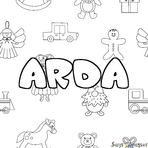 Coloriage pr&eacute;nom ARDA - d&eacute;cor Jouets