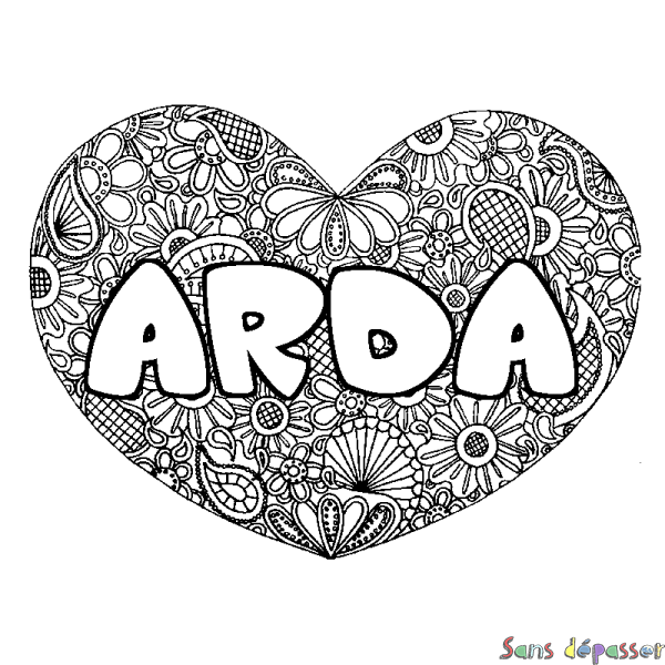 Coloriage prénom ARDA - d&eacute;cor Mandala coeur