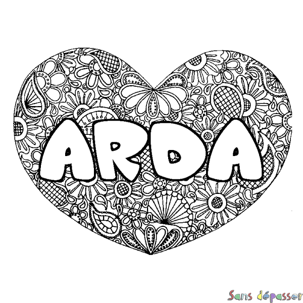Coloriage pr&eacute;nom ARDA - d&eacute;cor Mandala coeur