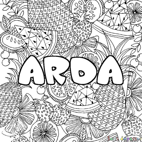 Coloriage pr&eacute;nom ARDA - d&eacute;cor Mandala fruits