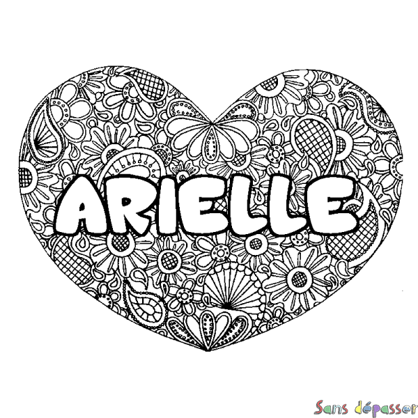Coloriage prénom ARIELLE - d&eacute;cor Mandala coeur