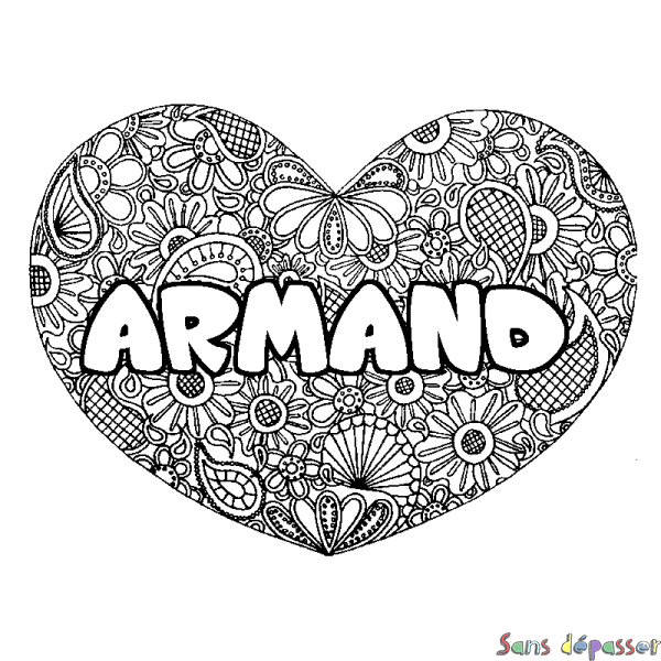 Coloriage prénom ARMAND - d&eacute;cor Mandala coeur