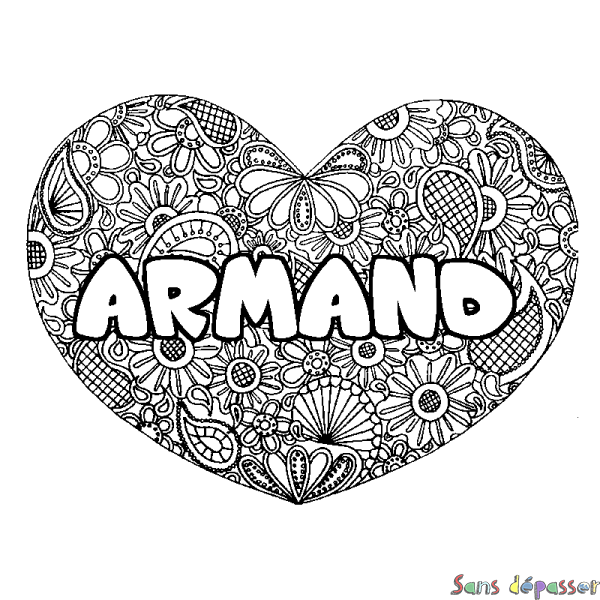 Coloriage pr&eacute;nom ARMAND - d&eacute;cor Mandala coeur
