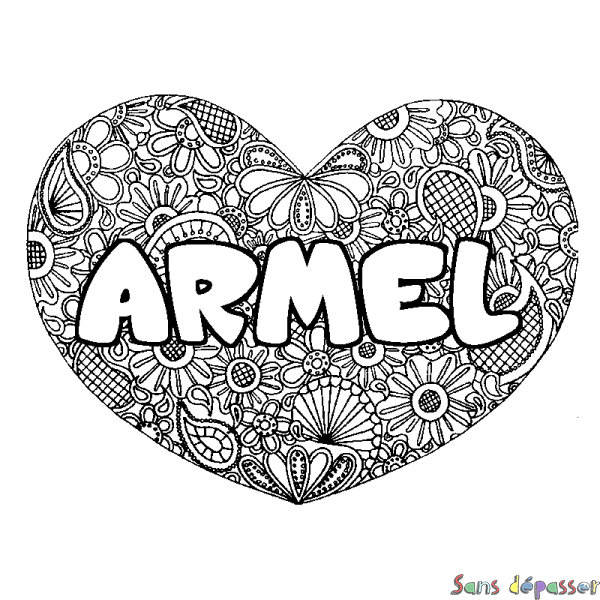 Coloriage prénom ARMEL - d&eacute;cor Mandala coeur
