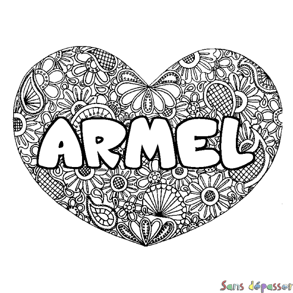 Coloriage pr&eacute;nom ARMEL - d&eacute;cor Mandala coeur