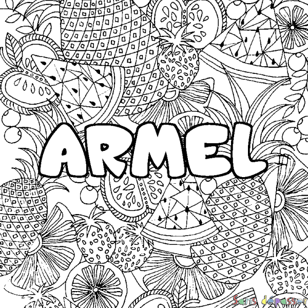 Coloriage pr&eacute;nom ARMEL - d&eacute;cor Mandala fruits