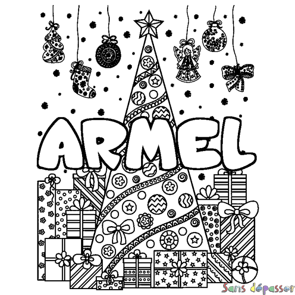 Coloriage prénom ARMEL - d&eacute;cor Sapin et Cadeaux