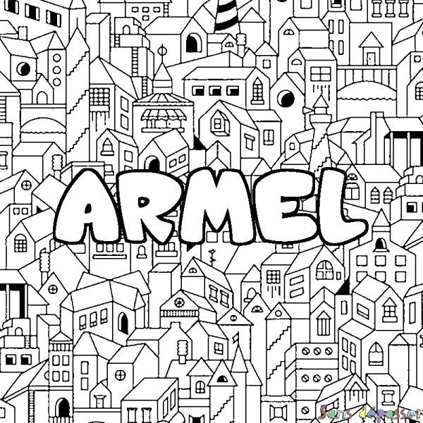 Coloriage prénom ARMEL - d&eacute;cor Ville