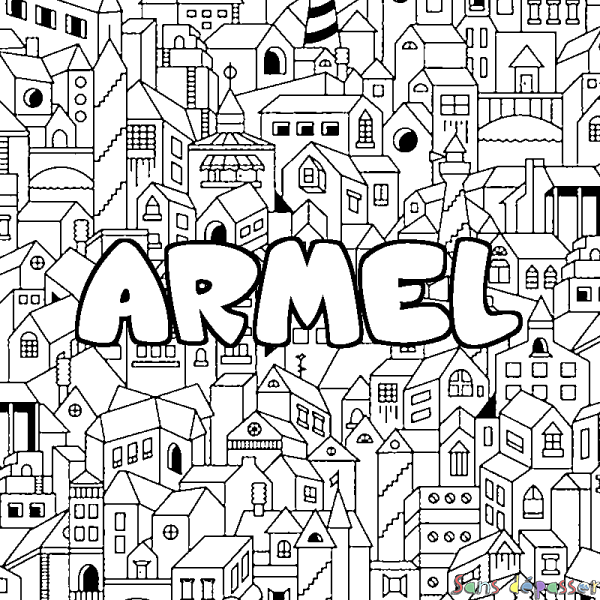 Coloriage pr&eacute;nom ARMEL - d&eacute;cor Ville