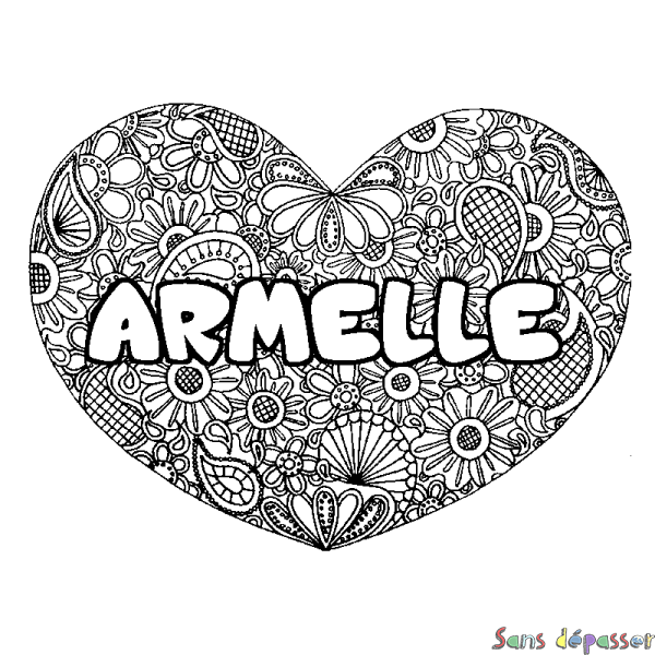 Coloriage prénom ARMELLE - d&eacute;cor Mandala coeur