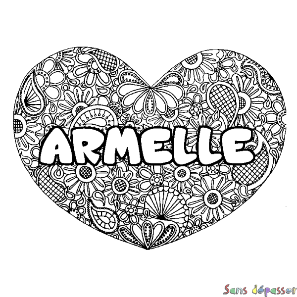 Coloriage pr&eacute;nom ARMELLE - d&eacute;cor Mandala coeur