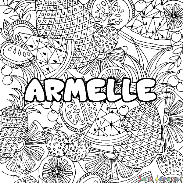 Coloriage pr&eacute;nom ARMELLE - d&eacute;cor Mandala fruits