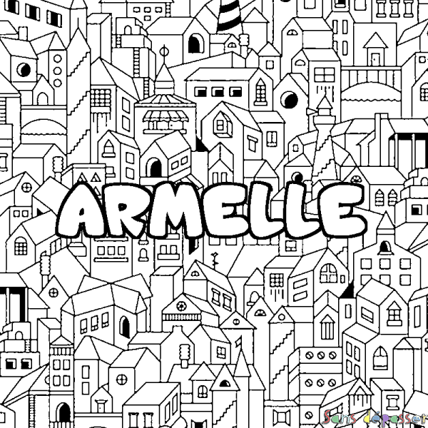 Coloriage pr&eacute;nom ARMELLE - d&eacute;cor Ville