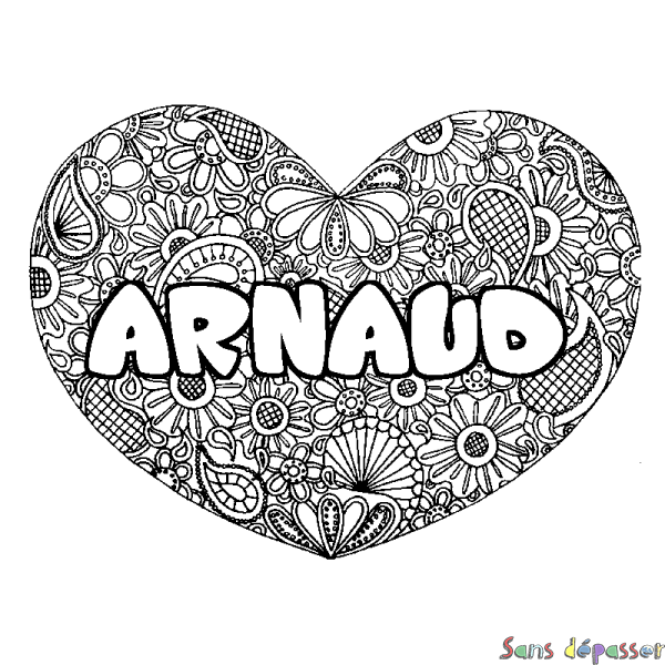 Coloriage pr&eacute;nom ARNAUD - d&eacute;cor Mandala coeur