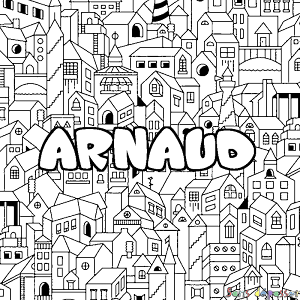 Coloriage pr&eacute;nom ARNAUD - d&eacute;cor Ville