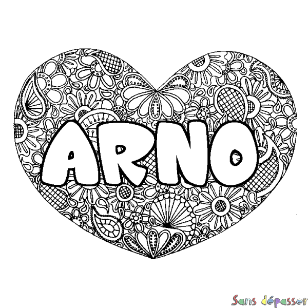 Coloriage pr&eacute;nom ARNO - d&eacute;cor Mandala coeur