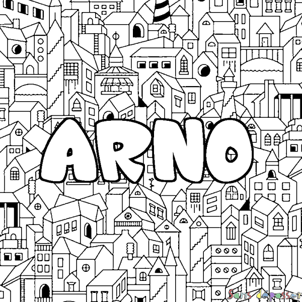 Coloriage pr&eacute;nom ARNO - d&eacute;cor Ville