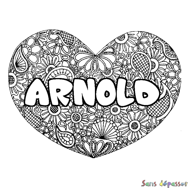 Coloriage pr&eacute;nom ARNOLD - d&eacute;cor Mandala coeur