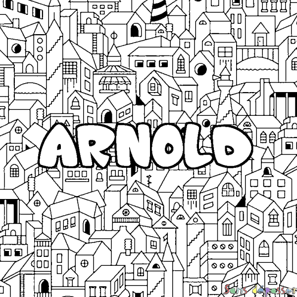 Coloriage pr&eacute;nom ARNOLD - d&eacute;cor Ville