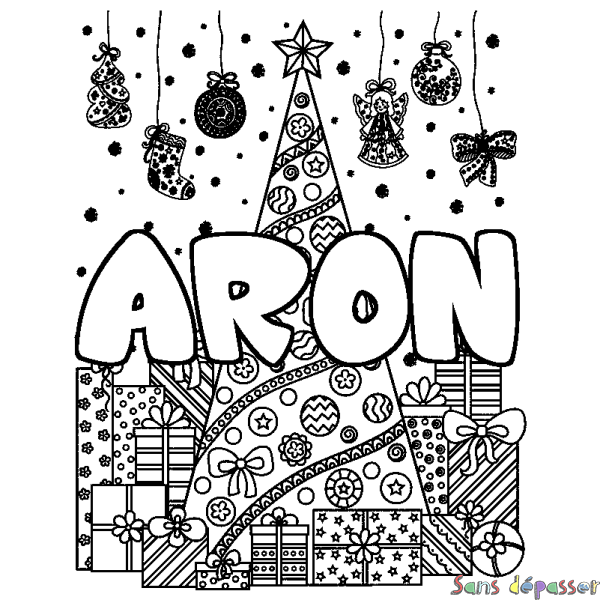 Coloriage prénom ARON - d&eacute;cor Sapin et Cadeaux