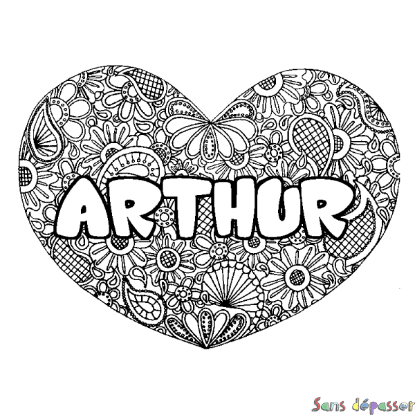 Coloriage pr&eacute;nom ARTHUR - d&eacute;cor Mandala coeur