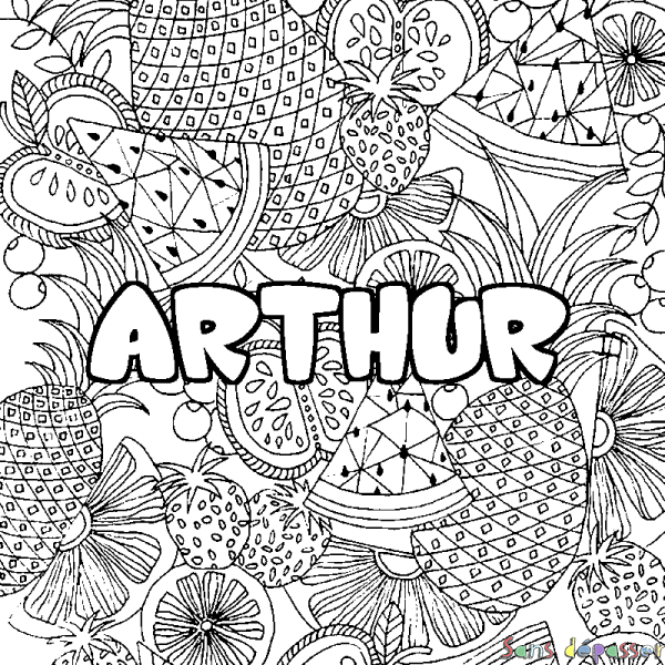 Coloriage pr&eacute;nom ARTHUR - d&eacute;cor Mandala fruits