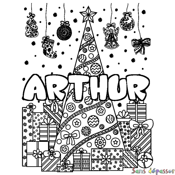 Coloriage prénom ARTHUR - d&eacute;cor Sapin et Cadeaux