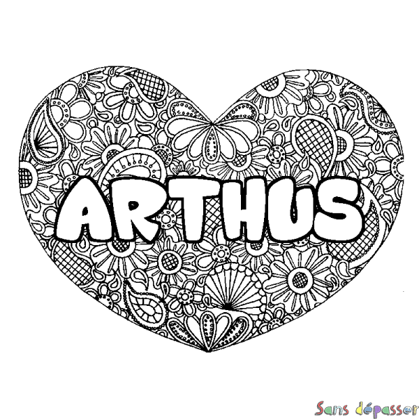 Coloriage pr&eacute;nom ARTHUS - d&eacute;cor Mandala coeur