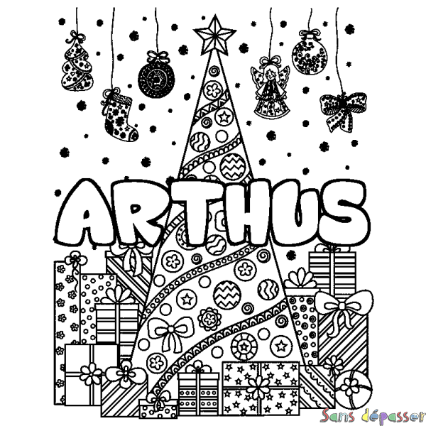 Coloriage prénom ARTHUS - d&eacute;cor Sapin et Cadeaux