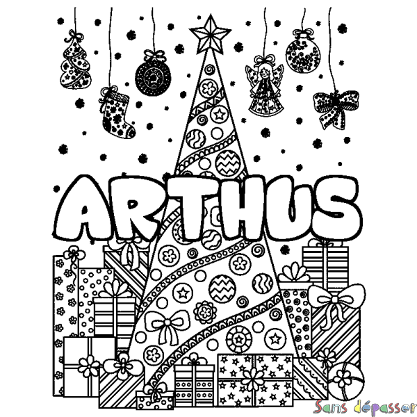 Coloriage pr&eacute;nom ARTHUS - d&eacute;cor Sapin et Cadeaux